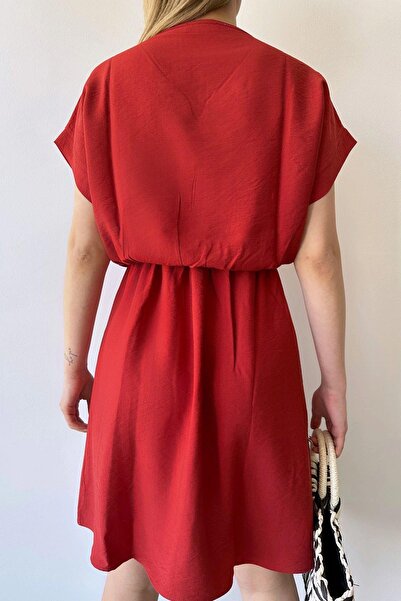 NEW LAVİVA Women's Coral Short Sleeve, Sweetheart Neckline, Textured Pattern, Waist Fitting, Aerobin Elastic Waist Midi Dress