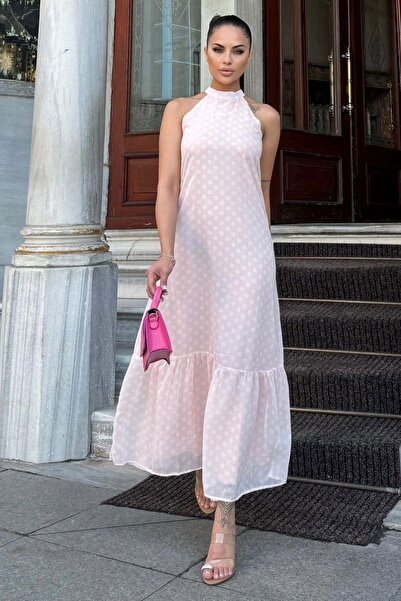 NEW LAVİVA Kadın Pudra Halter Yaka, Sıfır Kol, Maksi Boy, Uzun Rahat, Şifon Elbise (Astarlı)