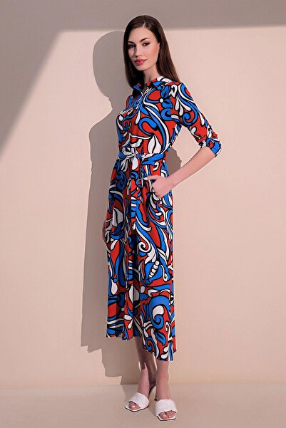 NEW LAVİVA Women's Red Patterned Patterned Arched Pocketed Skirt Weightlifting Long Sleeve Maxi Shirt Dress