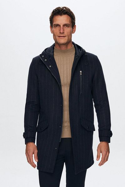 D'S Damat Ds Damat Regular Fit Navy Blue Striped Wool Hooded Cashmere Coat