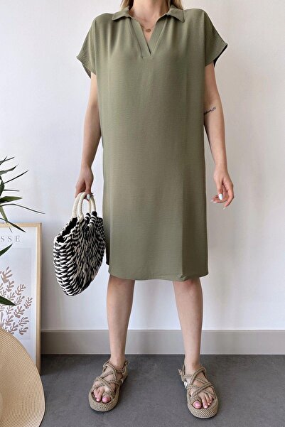 NEW LAVİVA Γυναικείο κοντομάνικο χακί, γιακάς πόλο, μοτίβο με υφή, βασική εφαρμογή/κοπή, άνετο μίντι φόρεμα Aerobin