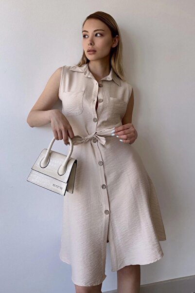 NEW LAVİVA Women's Jewel Sleeveless, Shirt Collar, Solid Color Pattern, Double Pocket, A-line Cut, Aerobin, Belted Midi Dress