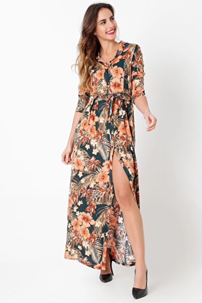 NEW LAVİVA Γυναικείο φόρεμα με λουλουδάτο μακρύ πουκάμισο με χακί & πορτοκαλί σχέδιο - Μακρυμάνικη λεπτομέρεια ζώνης μέσης Κατάλληλο για Τουρκική Ρόμπα