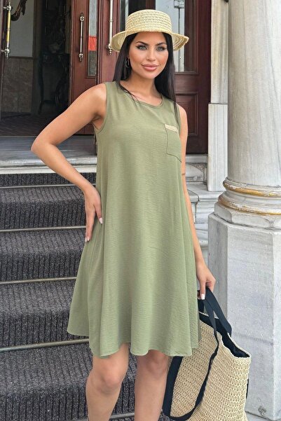 NEW LAVİVA Φόρεμα Khaki Midi Airobin - Ψάθινη τσέπη και λεπτομέρεια με κουμπιά στην πλάτη