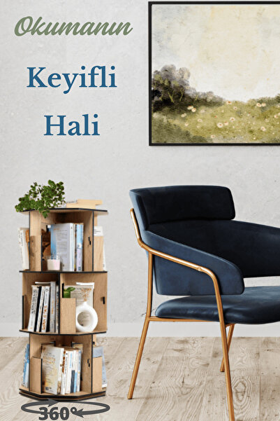 Vigo Wood 360° Dönebilir Ahşap Kitaplık 3 Katlı Meşe