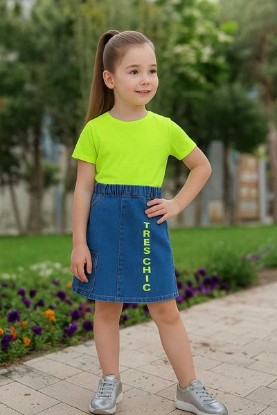 elfanto kıds "Girl's Neon Detailed Jeans Suit – Jacket & Skirt'Increbl' Written" Tisort