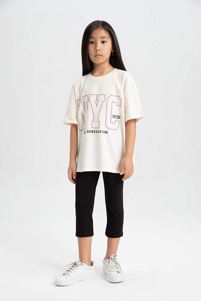 DeFacto Girls' 2-Piece Set of Crew Neck Printed Short-Sleeved T-Shirt and Leggings C7500A824Sm