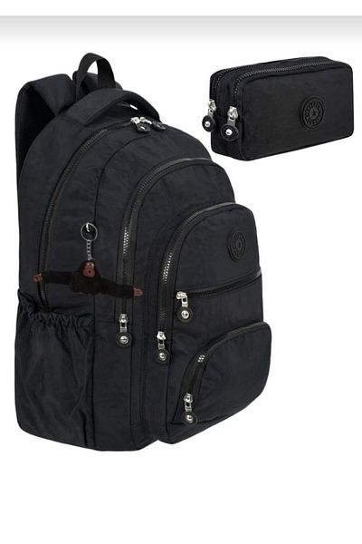 çantamgelsin Set de 2 rucsac de lux din țesătură crinkle GRI pentru liceu și gimnaziu + suport pentru stilou, cadou breloc maimuță