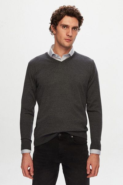 D'S Damat Ds Damat Slim Fit Anthracite Cotton Blended 2-Piece V-Neck Knitwear and Shirt