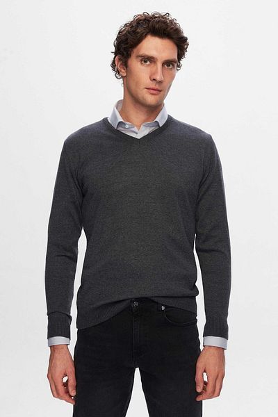 D'S Damat Ds Damat Regular Fit Антрацит Плосък V-образен Яка Трико Плетен Пуловер