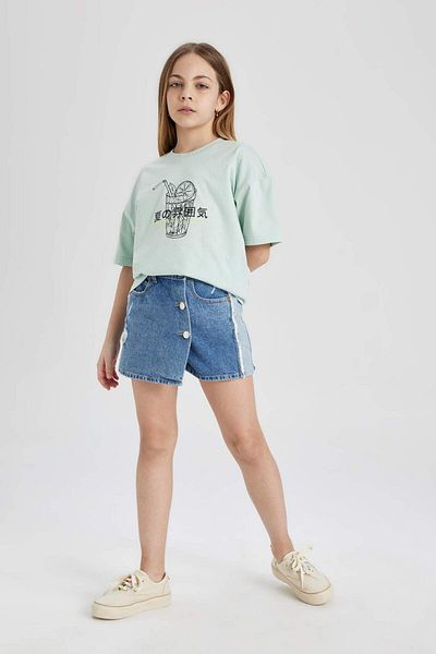 DeFacto Girls Oversize Wide Fit Crew Neck Printed Short Sleeve T-Shirt B5169A824Hs