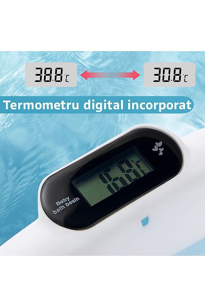 ROHS Cădiță pentru bebeluși HappyKID® cu pernă, termometru digital încorporat, pliabilă, dop de scurgere
