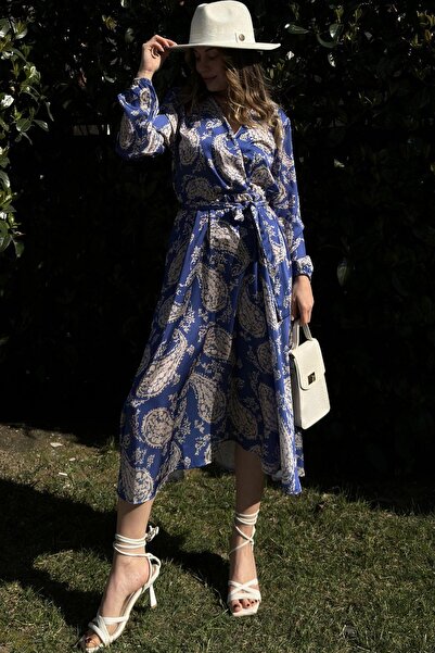 NEW LAVİVA Дамска рокля с кръстосана деколте, колан в талията, еластични манш...