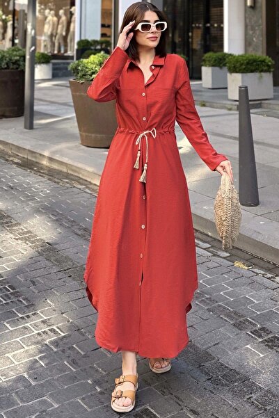 NEW LAVİVA Kiremit Katlamalı Uzun Kol, Keten/Airobin Kumaş, Beli Büzgülü, Has...