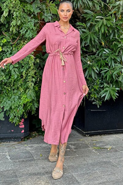 NEW LAVİVA Gül Kurusu Katlamalı Uzun Kol, Keten/Airobin Kumaş, Beli Büzgülü, Hasır Kemerli Uzun Gömlek Elbise