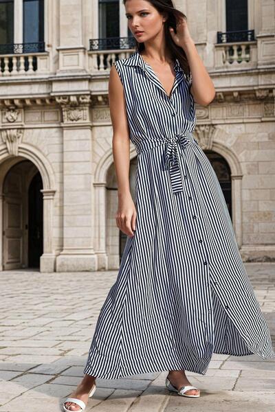 NEW LAVİVA فستان طويل باللونين الأبيض والأسود بدون أكمام مع تفاصيل حزام