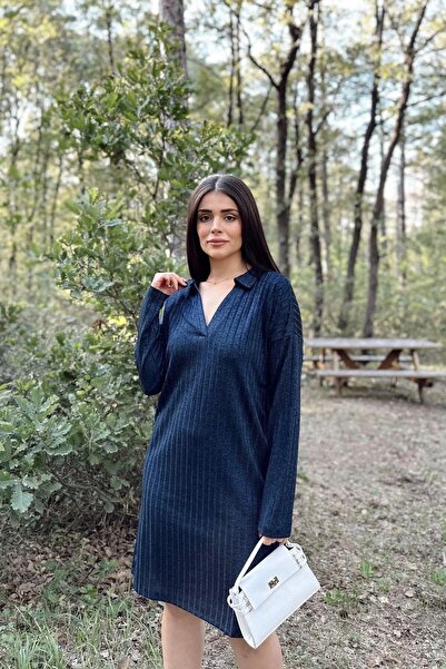 NEW LAVİVA Жіноча темно-синя сукня з поло-коміром, з власним візерунком, базова модель, з довгими рукавами, середньої довжини, трикотажна