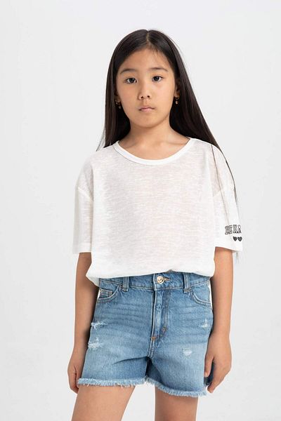 DeFacto Tricou cu mânecă scurtă imprimat cu decolteu lat pentru fete C4606A824SM