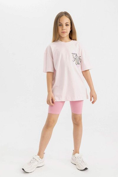 DeFacto Tricou cu mânecă scurtă imprimat pentru fete oversize cu decolteu lat C4942A824SM