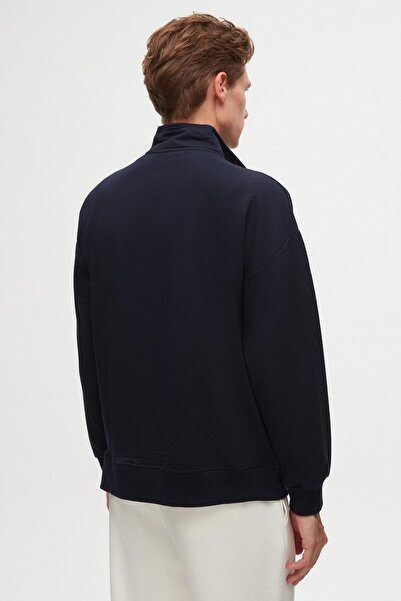 Twn Oversize Lacivert Düz Yarım Fermuarlı Pamuklu Mevsimlik Sweatshirt