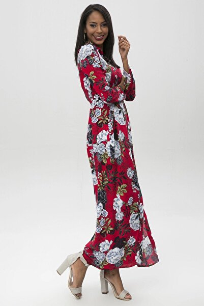 NEW LAVİVA Women's Red Patterned Floral Long Shirt Dress - Long Sleeve Waist Belt Detail Suitable for Hijab