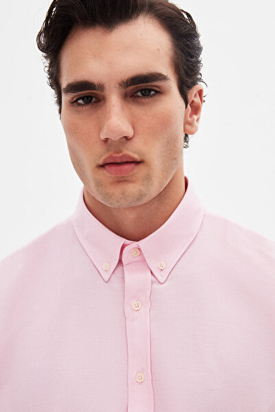 D'S Damat Ds Damat Slim Fit Pembe Armürlü Düğmeli Yaka Pamuklu Gömlek