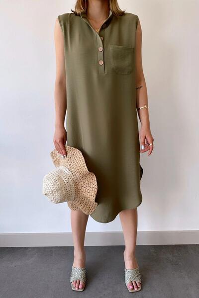 NEW LAVİVA Women's Khaki Sleeveless, Stand Collar, Solid Color Pattern, Single Pocket, A-line Cut, Button Detailed Midi Dress