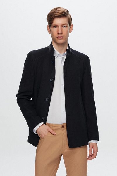 D'S Damat Ds Damat Regular Fit Navy Blue Stand Collar Stamp Coat