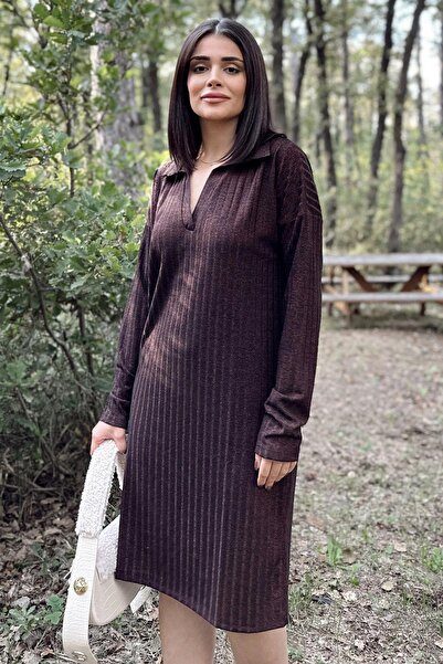 NEW LAVİVA Kadın Bordo Polo Yaka, Kendinden Desenli, Basic Kalıp, Uzun Kollu Midi Triko Elbise