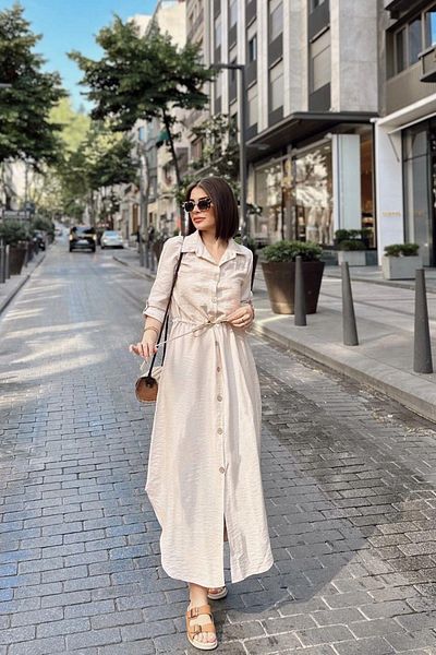 NEW LAVİVA Mânecă lungă pliată bej, țesătură in/Airobin, talie cu șnur, rochie cămașă lungă cu centură de paie