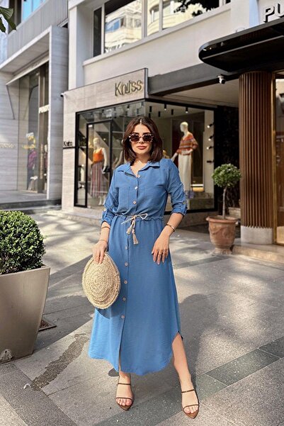 NEW LAVİVA İndigo Katlamalı Uzun Kol, Keten/Airobin Kumaş, Beli Büzgülü, Hasır Kemerli Uzun Gömlek Elbise