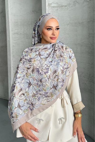 Stella Eşarp Lotus Flower Pattern Gray Color Soft Cotton Shawl
