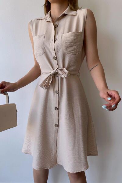 NEW LAVİVA Women's Jewel Sleeveless, Shirt Collar, Solid Color Pattern, Double Pocket, A-line Cut, Aerobin, Belted Midi Dress