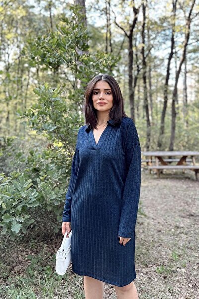 NEW LAVİVA Жіноча темно-синя сукня з поло-коміром, з власним візерунком, базова модель, з довгими рукавами, середньої довжини, трикотажна