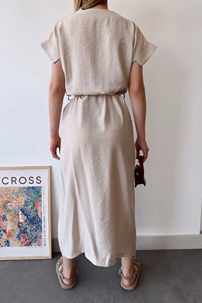 NEW LAVİVA Women's Stone Short Sleeve, V-Neck, Solid Color Pattern, Basic Fit/Cut, Aerobin Fabric, Belted Maxi Dress