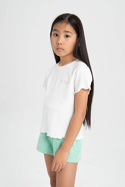 DeFacto Girl's Ribbed Short Sleeve T-Shirt - Crew Neck, Slim Fit, C4605A824Sm