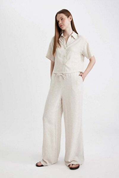 DeFacto Wide Leg Çift Cepli Yüksek Bel Standart Boy Keten Karışımlı Pantolon C6021AX24SM