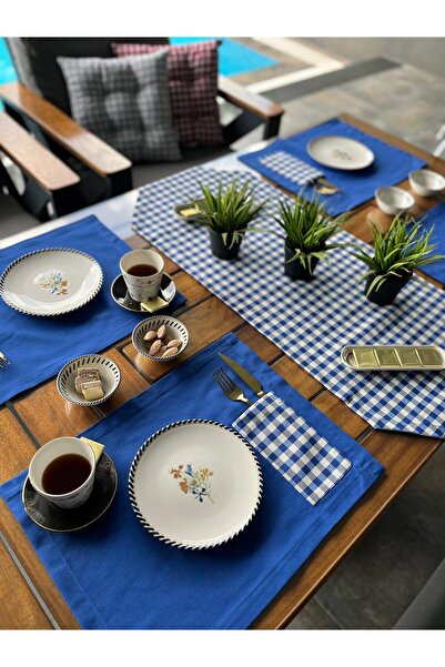 Tropikhome Amerikan Servis Supla Ve Runner Seti 6 Kişilik Mavi Ekose Desen Ma...