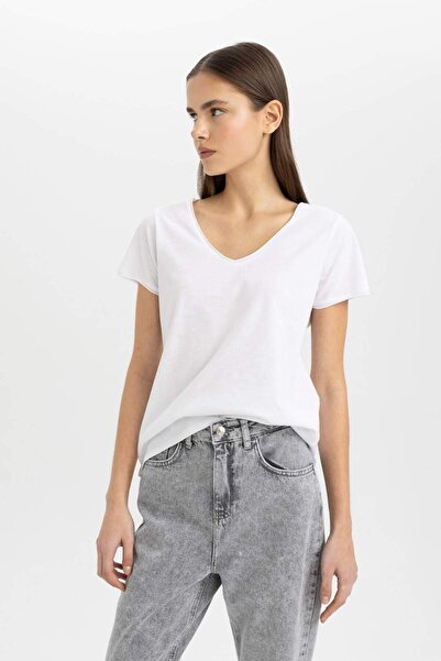 DeFacto Základní pevné tričko s krátkým rukávem Regular Fit s výstřihem do V K1507Az24Sm