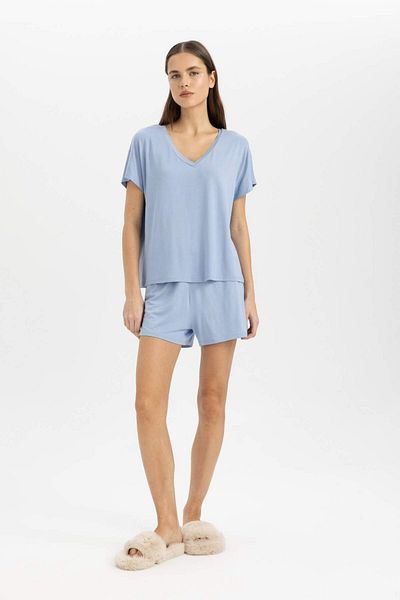 DeFacto V-Neck Short Sleeve Pajamas Set - Top Elastic Waist Shorts Bottom B8678Ax24Sm