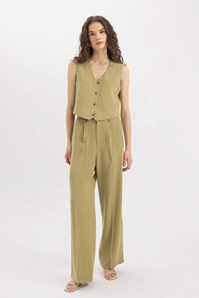 DeFacto Široké nohavice ze směsi lnu Palazzo Kalhoty Vysoký pas Široké volné nohavice se sponou A1922AX24SM