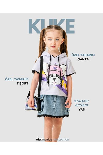 mislina kids Girl's Denim Skirt 3-Piece Set – T-Shirt + Denim Skirt + Bag