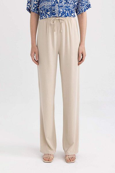DeFacto Straight Fit Pocket High Waist Wide Leg Linen Blended Trousers B4211AX24SM