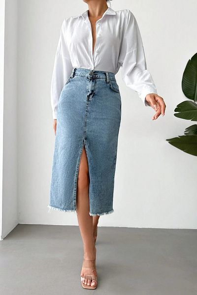 Jacarsman Women's Midi Length High Waist Pencil Skirt Tassels Front Slit Denim Jeans Skirt