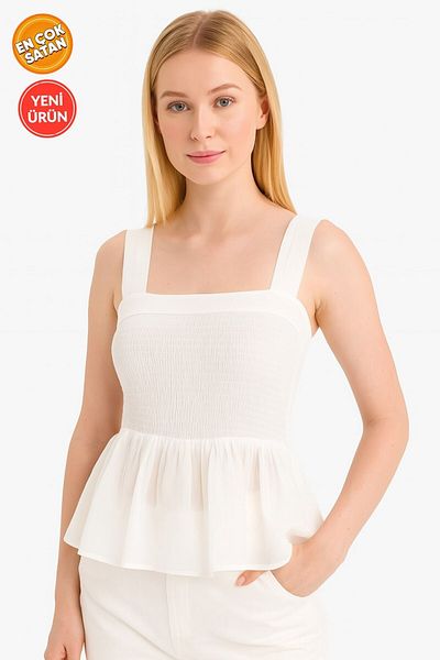 Kübra Tekstil Women's Crinkle Viscose Thick Strap Gipeli Flywheel Detailed Summer Blouse