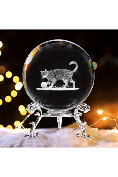 hediyesahibi Dekoratif Metal Ayaklı İkili Kedi Tasarımlı 3D Cam Küre 6cm
