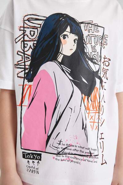 DeFacto Κοριτσίστικο μπλουζάκι με κοντό μανίκι με στάμπα με φαρδύ λαιμόκοψη B5169A824HS