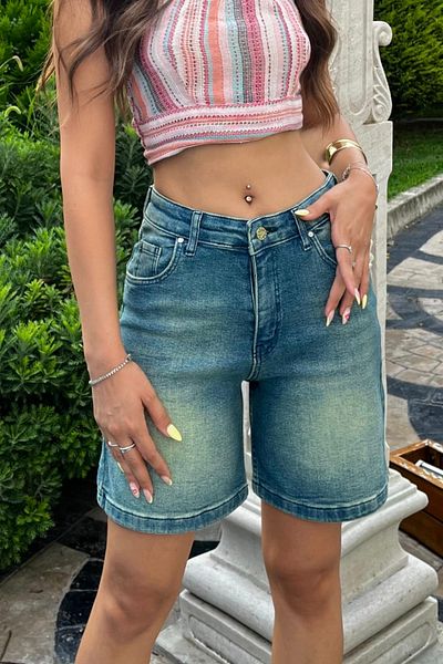 BİKELİFE Pantaloni scurți din denim cu talie înaltă pentru femei Snow Wash Faded Effect