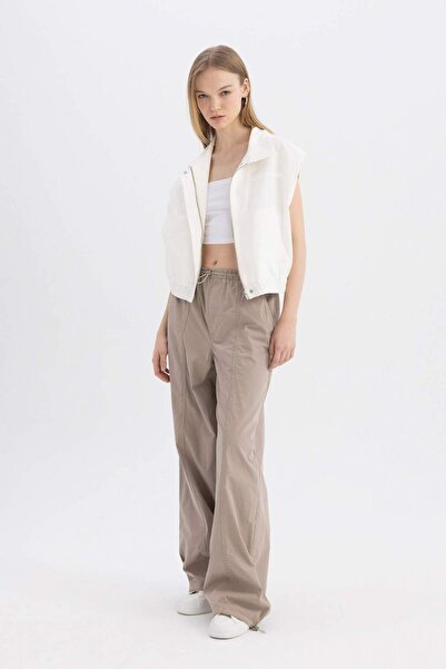 DeFacto Poplin Pants Wide Leg Double Pockets High Stretchy Waisted Standard Length Adjustable Elastic Leg B751