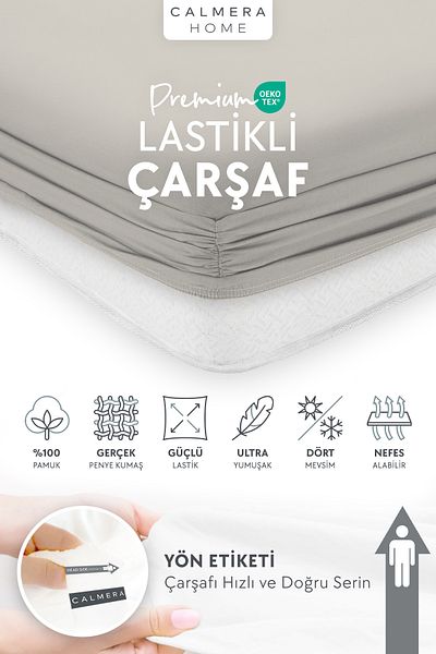 Calmera Cearşaf de pat elastic pieptănat 100% bumbac - dublu |   Battal |   King Size - Montat - Gri deschis